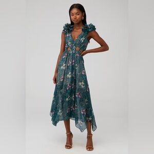 Elliatt kristen green floral ruffle detail‎ maxi cut out dress Small